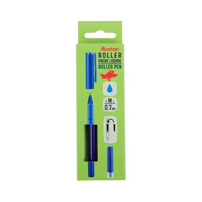 Auchan Stylo roller pointe moyenne 0.7mm bleu + 1 recharge, 1 stylo + 1 recharge