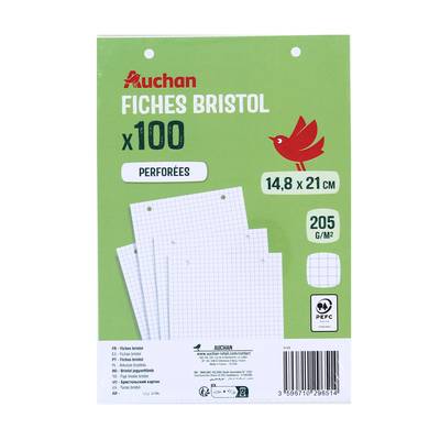 Auchan Bristol 14,8x21cm petits carreaux, Lot de 100 fiches