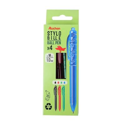 Auchan Stylos à billes rétractables x4, 4 couleurs