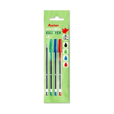 Auchan Stylos billes pointe moyenne 1 mm, 4 stylos