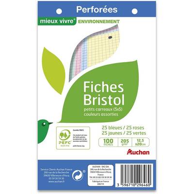 Auchan Fiches bristol perforées couleurs assorties 12,5x20cm petits carreaux, 100 fiches