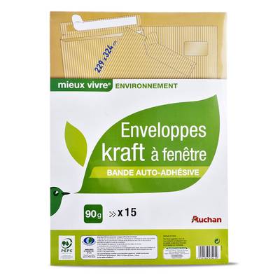 Auchan 15 enveloppes kraft à fenêtre auto-adhésives, Dimensions : 229 x 324 mm Papier kraft 90 g