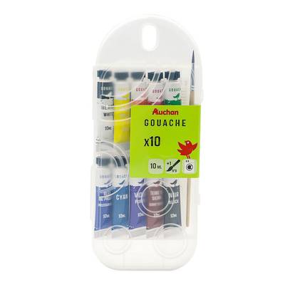 Auchan Boite de gouache avec pinceau rond N8, 10 tubes de 10ml