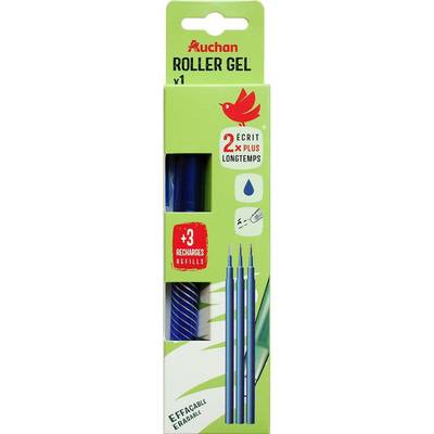 Auchan Stylo roller gel effaçable bleu + 3 recharges