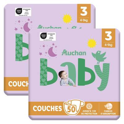 Auchan Baby Couches taille 3 (4-9kg), Lot de 2x50 couches