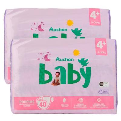 Auchan Baby Couches taille 4+ (9-20kg), Lot de 2x40 couches