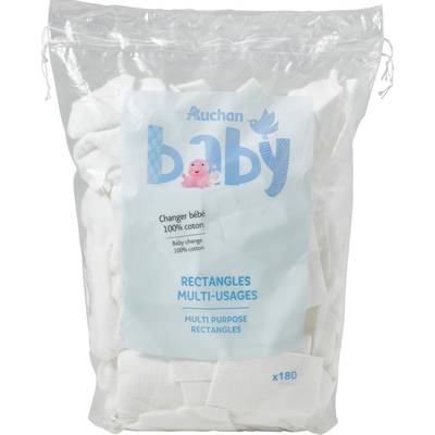 Auchan Baby Cotons rectangles multi-usages pour bébé, 180 cotons