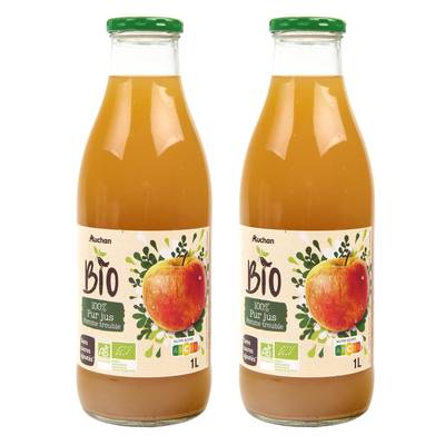Auchan BIO Pur jus de pomme trouble bio sans sucres ajoutés, Lot de 2x1L