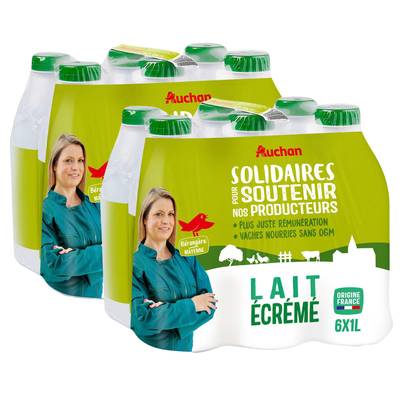 Auchan Solidaires Lait écrémé équitable UHT, Lot de 2 - 6x1L