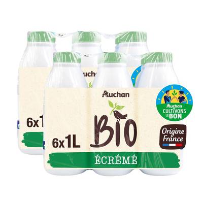 Auchan Solidaires Bio Lait écrémé équitable bio UHT, Lot de 2 - 6x1L