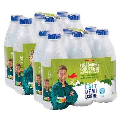 Auchan Solidaires Lait demi-écrémé UHT, Lot de 2 - 6x1L