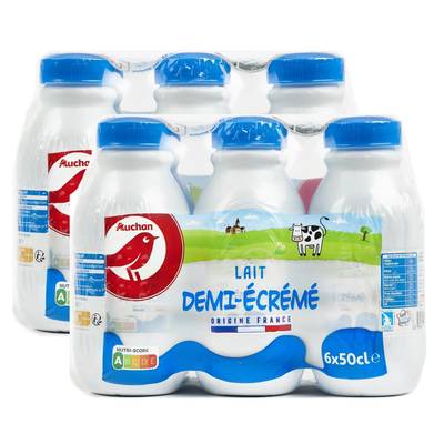 Auchan Lait demi-écrémé UHT, Lot de 2 - 6x50cl