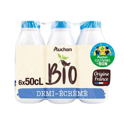 Auchan Solidaires Bio Lait demi-écrémé UHT Bio, 6x50cl