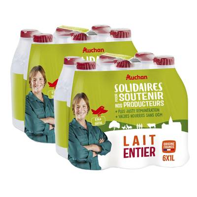 Auchan Solidaires Lait entier UHT, Lot de 2 - 6x1L