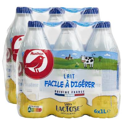 Auchan Lait facile à digérer sans lactose UHT, Lot de 2 - 6x1l