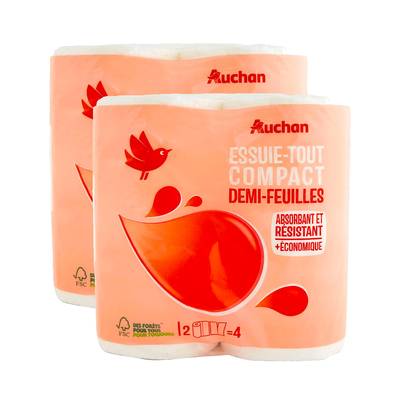 Auchan Essuie tout demi feuilles compact, Lot de 2x2 rouleaux