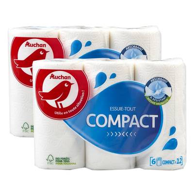 Auchan Essuie-Tout compact, Lot de 2x6 rouleaux