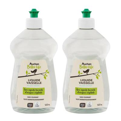 Auchan Better Life Liquide vaisselle nettoie et dégraisse à l'aloe vera, Lot de 2x500ml
