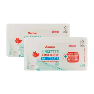 Auchan Lingettes WC désinfectantes sans javel, Lot de 2x40 lingettes