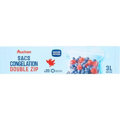Auchan Sacs de congelation avec zip 3L moyen, 20 sacs