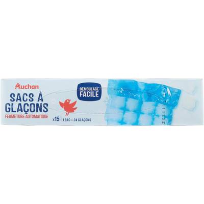 Auchan Sacs à glaçons démoulage facile fermeture automatique, 15 sacs