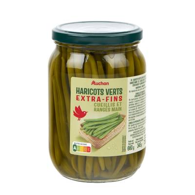 Auchan Haricots verts extra fins cueillis et rangés main en bocal, 345g