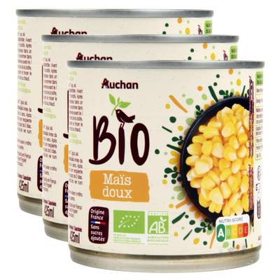 Auchan BIO Maïs doux en grains sans sucres ajoutés Bio, Lot de 3x285g