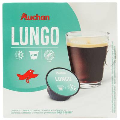 Auchan Capsules de café lungo intensité 5 Compatible Docle Gusto, 30 capsules