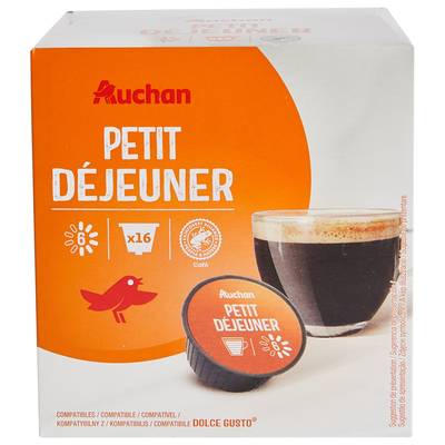 Auchan Capsules de café petit déjeuner Compatible Docle Gusto, 16 capsules