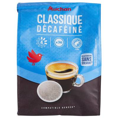 Auchan Dosettes de café classico décaféiné compatibles Senseo, 36 dosettes