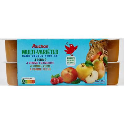 Auchan Coupelles multi-variétés purée de pomme framboise poire pêche sans sucre ajoutés, 16x100g