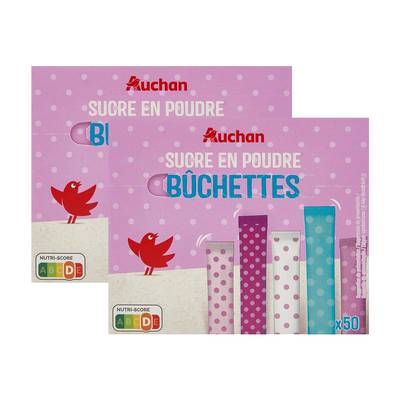 Auchan Sucre en poudre en bûchettes x50, Lot de 2x250g