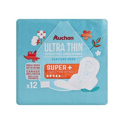 Auchan Serviettes hygiéniques avec ailettes super+, 12 serviettes