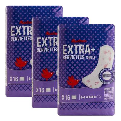 Auchan Serviettes hygiéniques sans ailettes extra+, Lot de 3x16 serviettes