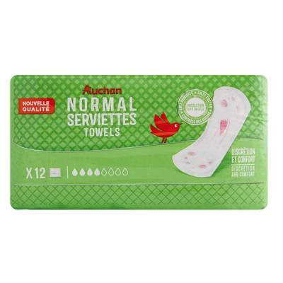 Auchan Serviettes hygiéniques sans ailettes normal, 12 serviettes