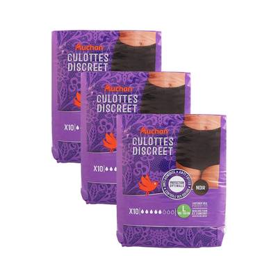 Auchan Culottes discreet anti-fuites protection optimale noir taille L, Lot de 3x10 culottes