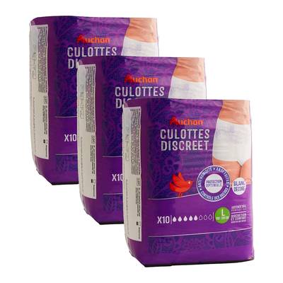 Auchan Culottes discreet blanc décoré taille L, Lot de 3x10 culottes