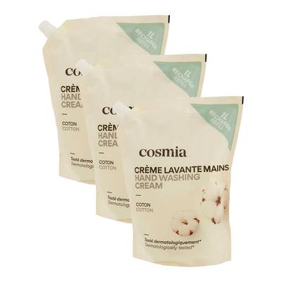 COSMIA Crème lavante mains coton recharge, Lot de 3x1L