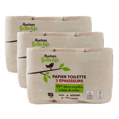 Auchan Better Life Papier toilette non blanchi 3 épaisseurs, Lot de 3x6 rouleaux