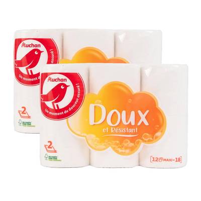 Auchan Papier toilette blanc maxi doux et résistant 2 épaisseurs, Lot de 2x12 rouleaux