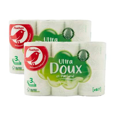 Auchan Papier toilette blanc ultra doux et parfumé 3 épaisseurs, Lot de 2x6 rouleaux