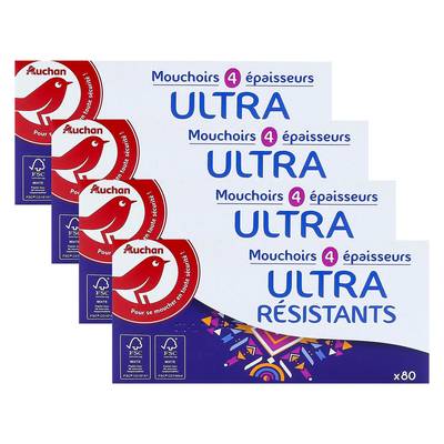 Auchan Boite de mouchoirs ultra résistants 4 épaisseurs, Lot de 4x80 mouchoirs