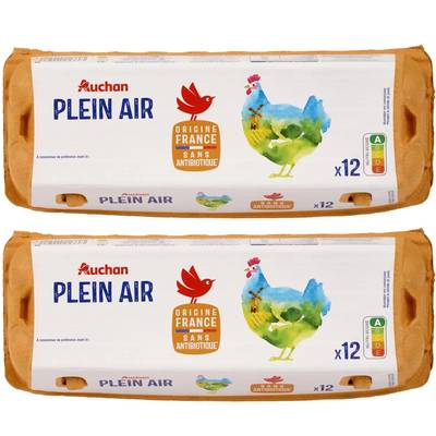 Auchan Oeufs de poules élevées en plein air sans antibiotique, Lot de 2x12 oeufs