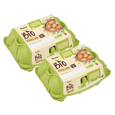 Auchan Solidaires Bio Oeufs de poules Bio élevées en plein air, Lot de 2x6 oeufs