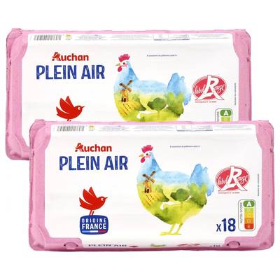 Auchan Oeufs de poules élevées en plein air Label Rouge, Lot de 2x18 Oeufs