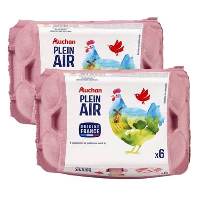 Auchan Oeufs de poules élevées en plein air Label Rouge, Lot de 2x6 Oeufs