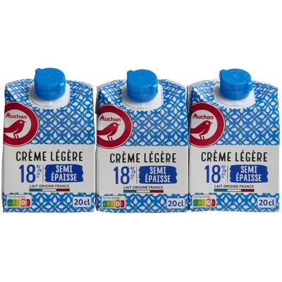 Auchan Crème légère semi-épaisse 18%mg UHT, 3x20cl