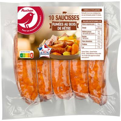 Auchan Saucisses Fumées au Bois de Hêtre, 10x90g