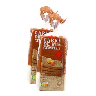Auchan Pain de Mie Complet Sans Croûte Sans Huile de Palme, Lot de 2x500g