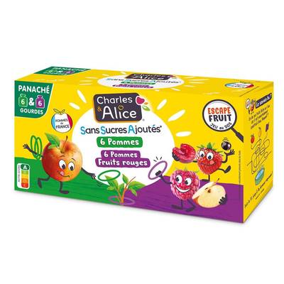 Charles et Alice Compote Gourdes Pomme, Pomme Fruits Rouges sans sucres ajoutés, 12 gourdes de 90g